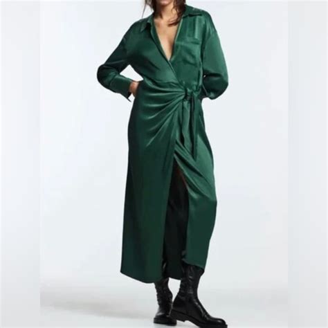 Zara Dresses Nwt Zara Green Satin Long Sleeve Midi Wrap Dress Xs