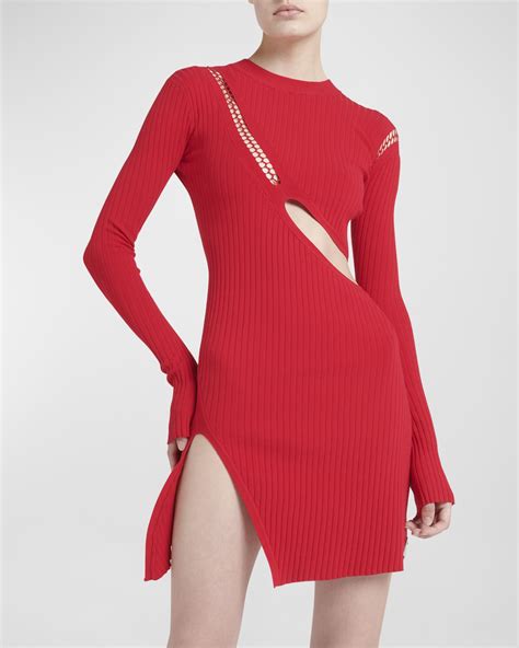 The Attico Cutout Long Sleeve Slit Hem Rib Mini Dress Neiman Marcus