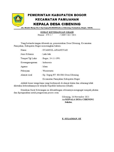 Surat Keterangan Ghaib Pdf