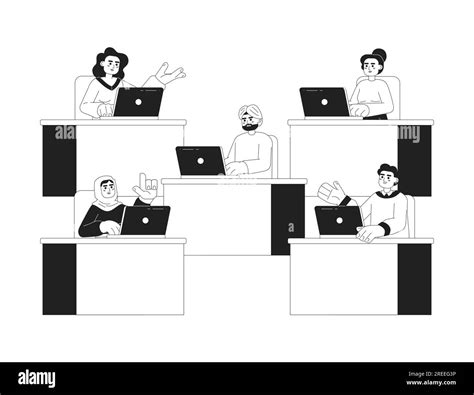 Multiracial People At Office 2d Vector Monochrome Isolated Spot