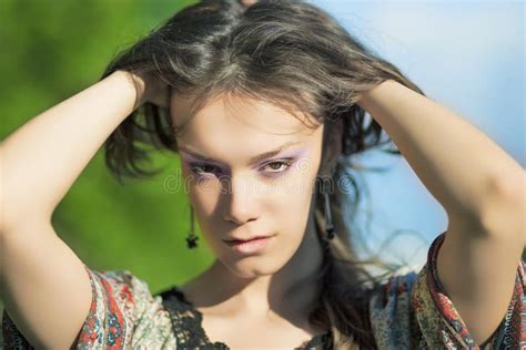 Sensual Dreaming Brunette Woman Against Nature Background Outdoors Stock Photo Image Of