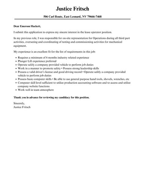 Lease Operator Cover Letter Velvet Jobs