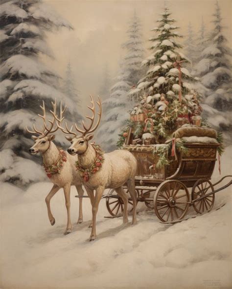 A Painting Of Two Reindeer Pulling A Sleigh With A Christmas Tree On It