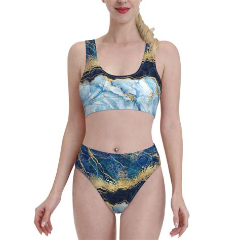 Adobk Blue Marble Print Women High Waisted Bikini Set Sports Swimsuit