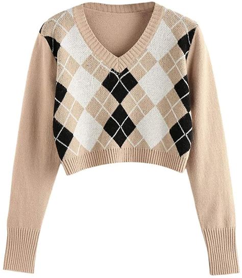 Zaful Womens Long Sleeve V Neck Argyle Knitted Crop Sweater Pullover