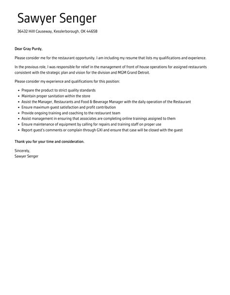 Restaurant Cover Letter Velvet Jobs