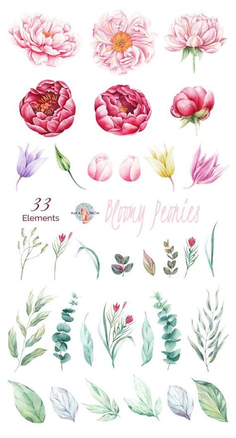 Watercolor Flowers And Leaves With The Words Happy Peonies Written In