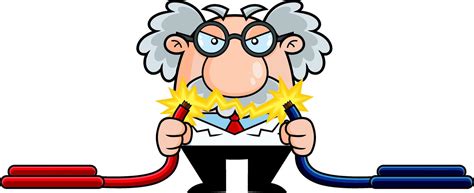 Crazy Science Professor Cartoon Character Holding Electric Cables With