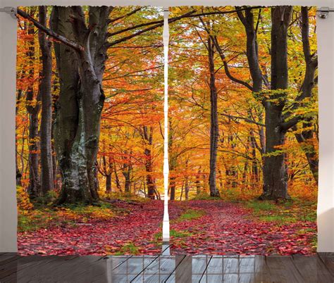 Autumn Curtains 2 Panels Set Fall Forest With Shady Deciduous Trees