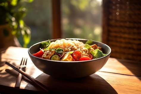 Salteado De Vegetales Coloridos Con Tofu Y Fideos De Arroz Al Atardecer