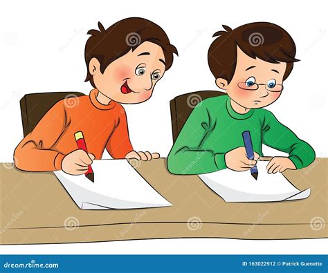 Vector Of Boy Copying From Other Student`s Paper