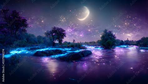 Magical Night River Landscape With Bioluminescent Blue Water Purple