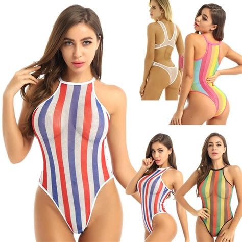 Womens One Piece Bodysuit Bikini Mesh Sheer Rave Thong Swimsuit Rainbow Monokini EBay