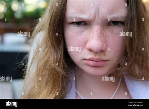 Angry Upset Furious Girl Young Teenager Looking Camera And Furrowed