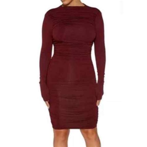 Naked Wardrobe Ruched Long Sleeve Open Back Mini Dress Wine EBay