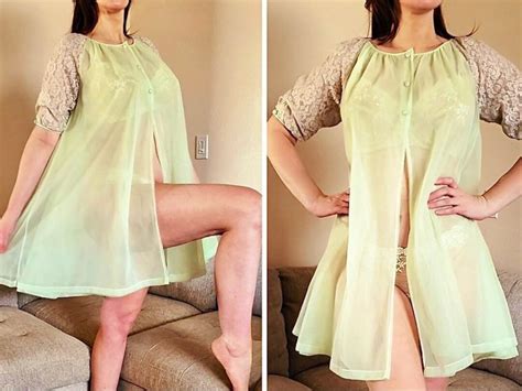 Vintage Sheer Peignoir Robe By Lorraine Lingerie Chiffon Babydoll Mint Green Short Lacy Poofy