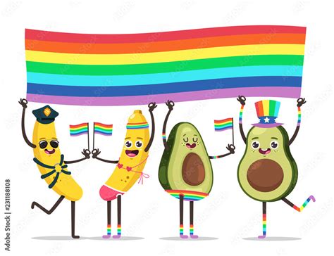 LGBT pride concept illustration. Funny fruits with rainbow flag on gay ...