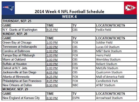 Nfl Schedule Week 4 Printerfriendly