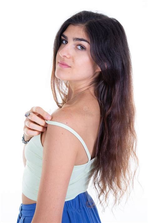 Cute Woman Brunette Pose Smiling While Looking Posing Front Camera Stock Photo Image Of Face