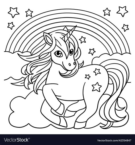 Unicorn Standing Under The Rainbow Coloring Page Vector Image The