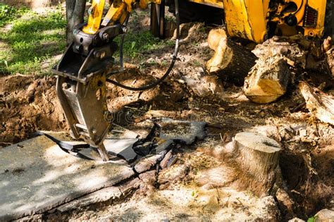 Excavator With Hydraulic Hammer Breaks Old Asphalt Stock Image Image