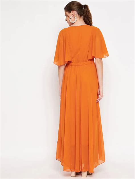 Orange Solid Flared Sleeves Dress – She Inn