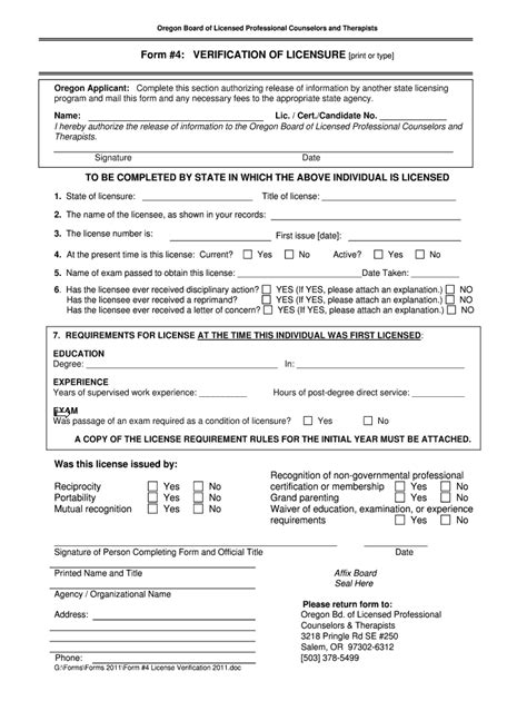 Fillable Online Oregon Form 4 Verification Of Licensure State Of