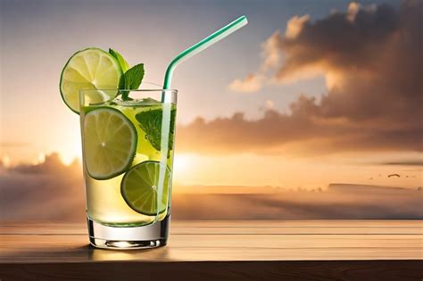 Un Vaso De Mojito De Lima Con Una Pajita Sobre Una Mesa Al Atardecer