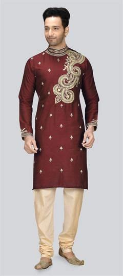 Dupion Silk Kurta Pyjamas In Red And Maroon With Embroidered Work