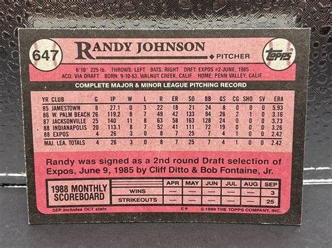 Rare Error 1989 Topps Randy Johnson Rookie 647 Montreal Expos RC NM MT