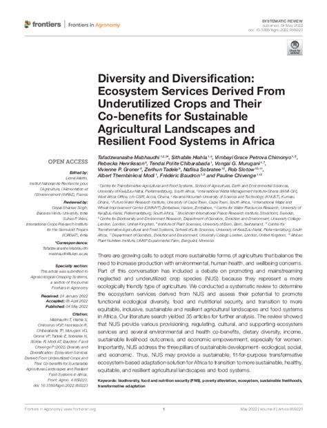 Pdf Diversity And Diversification Ecosystem Services Derived From Underutilized Crops And