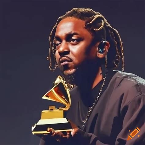 Kendrick Lamar Holding A Gold Grammy Award On Stage With Cheering Fans