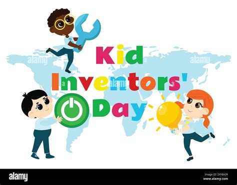 Kid Inventors Day Cute Boy And Girl With Light Bulb And Wrench And