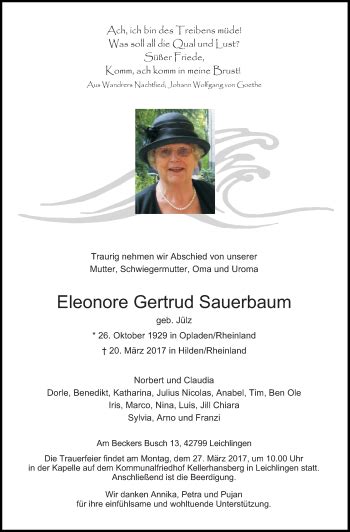 Alle Traueranzeigen F R Eleonore Gertrud Sauerbaum Trauer Rp Online De