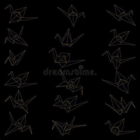 Set Of Origami Crane Vector Outline Dashed Illustration Isolated On