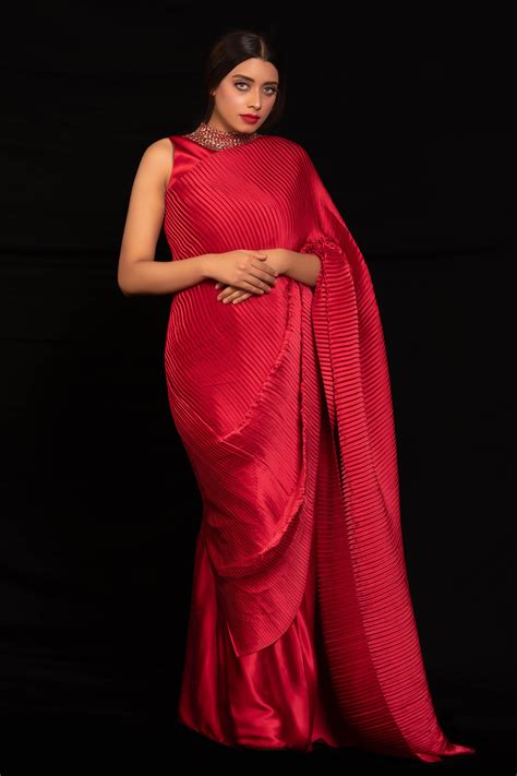 Buy Red Pleated Saree With Hand Embroidered Blouse For Women By Preeti