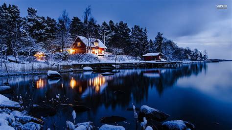 HD wallpaper: cabin, house, Norway, nature, lake, winter, landscape ...