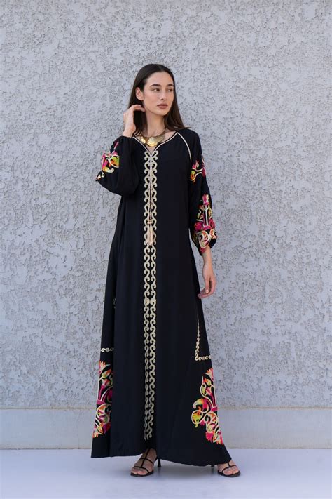 Boho Black Kaftan Maxi Dress Long Sleeve Cotton Kaftan Dress Colorful