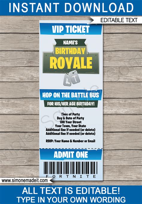 Fortnite Party Ticket Invitation Template Fortnite Theme Birthday Invite