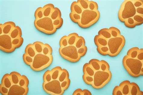 Self Made Cat Paw Cookies On Blue Background Stock Image Image Of