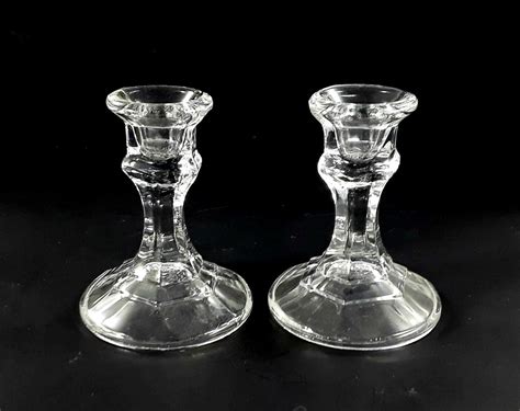 Clear Glass Candlestick Holder Hexagon Pattern Set Of 2 Etsy In 2020 Glass Candlesticks