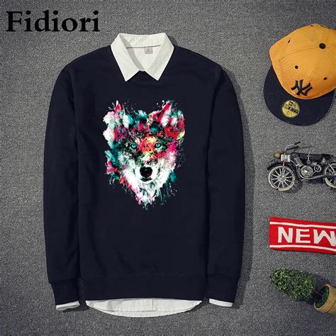 Fidiori 2018 새로운 수채화 늑대 인쇄 핫 남성 운동복 부드러운 면화 캐주얼 후드 커플 men sweatshirt