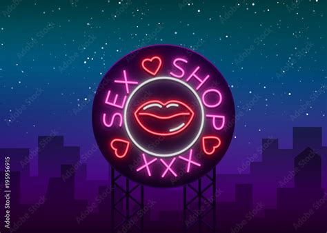 Sex Shop Logo Emblem In Neon Style Neon Effect Grocery Store Intimate Items Vector