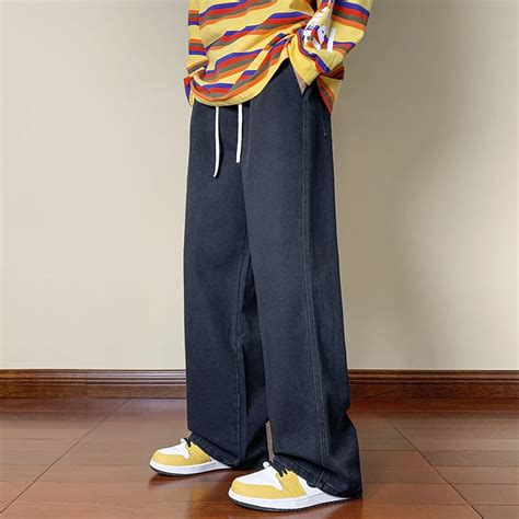 Korean Fashion Mens Black Baggy Jeans Drawstring Design Elastic Waist Streetwear Jeans Loose