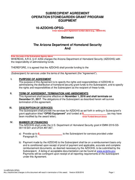 Fillable Online Fillable Form Subrecipient Agreement Operation