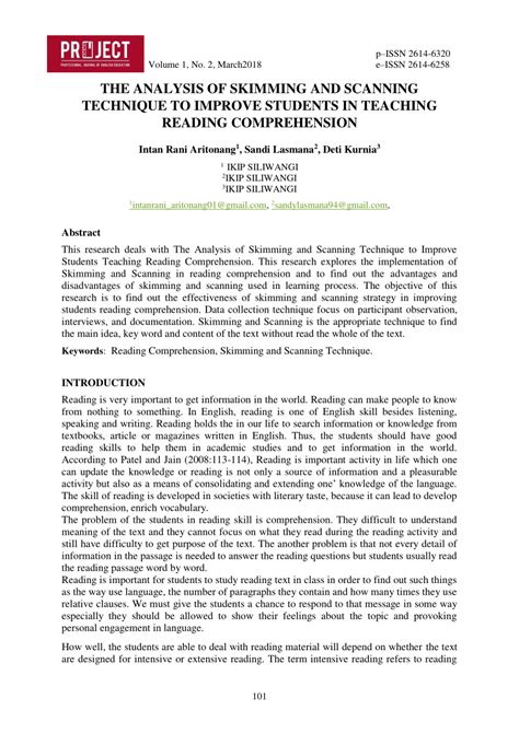 (PDF) THE ANALYSIS OF SKIMMING AND SCANNING TECHNIQUE TO IMPROVE STUDENTS IN TEACHING READING ...