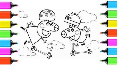 Peppa Pig And George Pig Playing Scooters Coloring Book Peppa Pig