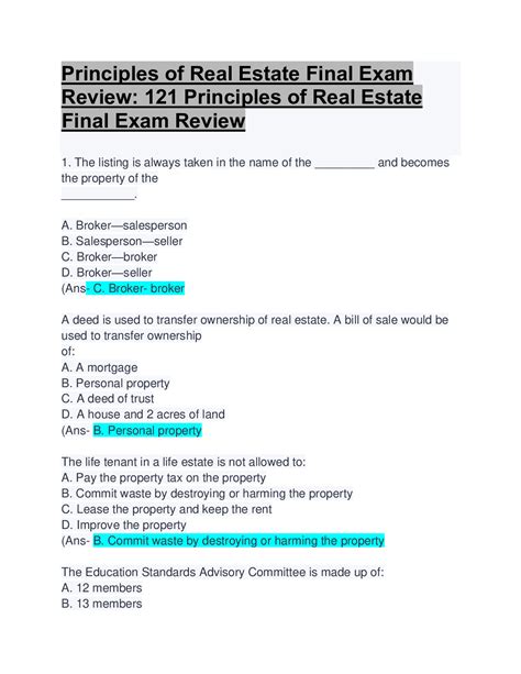 Principles Of Real Estate 1 Exam Questions Answers Updated Solution