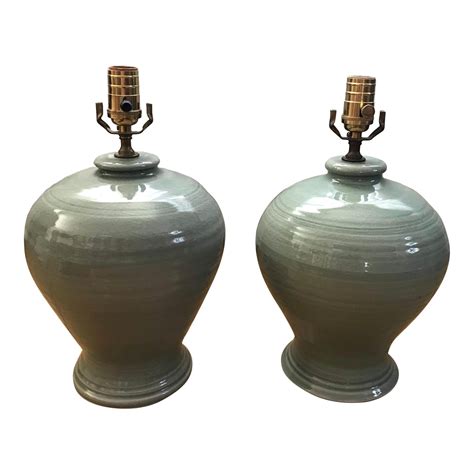 Simon Pearce Pottery Crackle Celadon Lamps A Pair Chairish