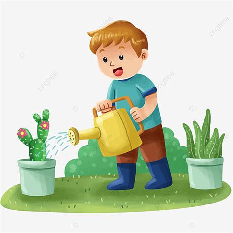 男孩給植物澆水圖 植物剪貼畫 男孩 兒童幼兒素材圖案，psd和png圖片免費下載